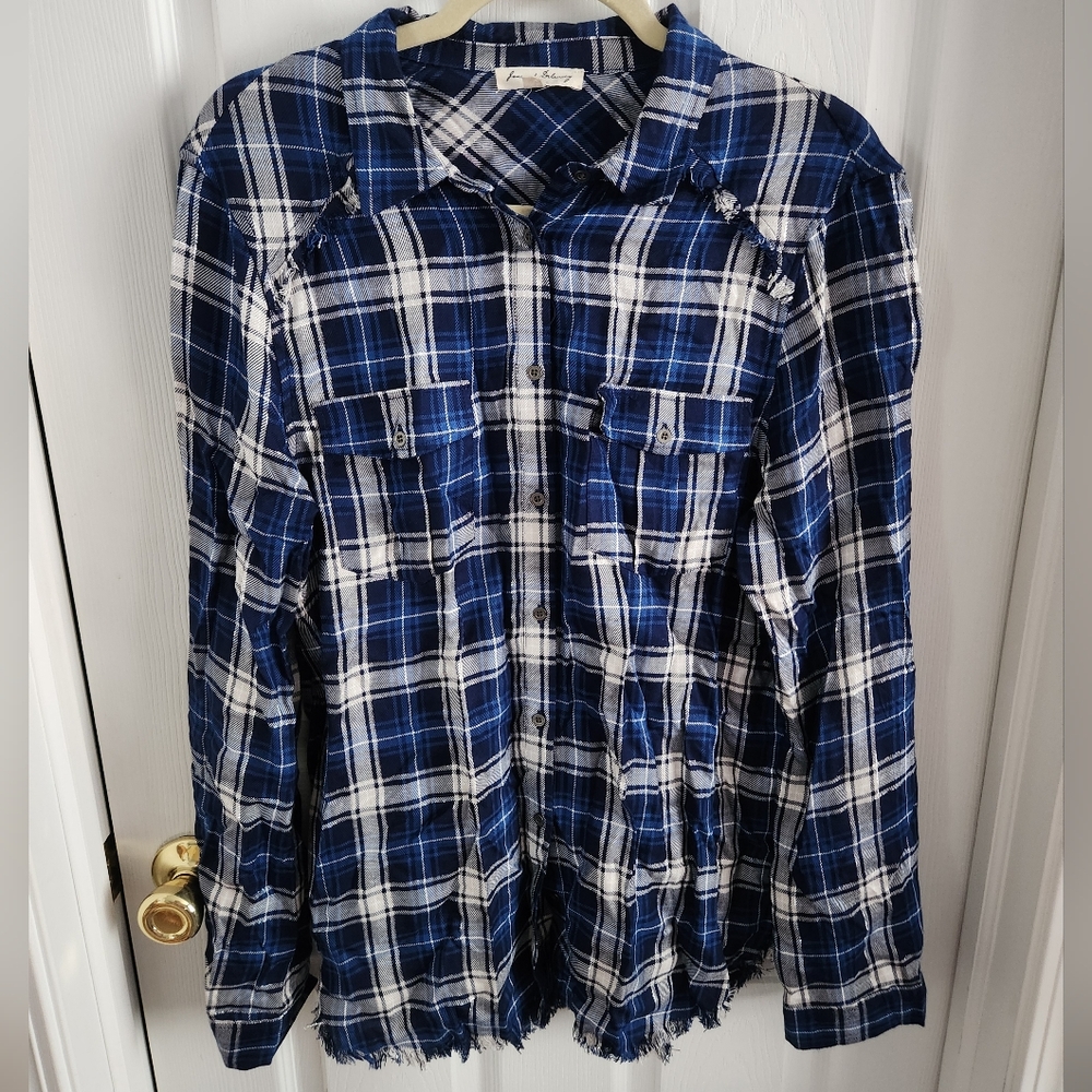 Jane and Delancey Blue, White, Silver Plaid Shirt - Large